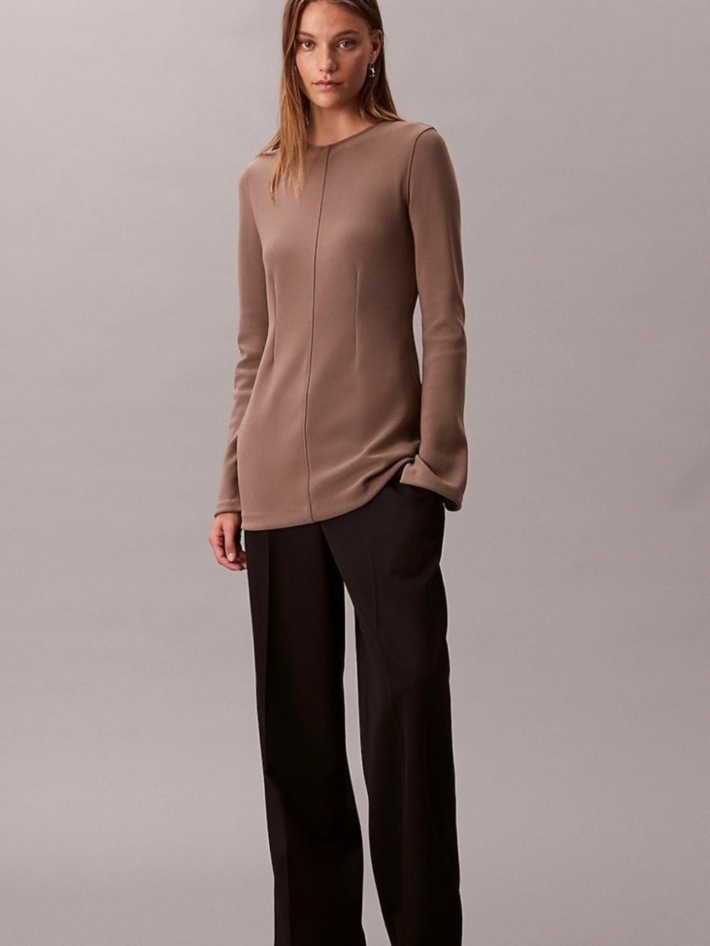 NWT Calvin Klein Taylored Knit Slim Tunic Top, In Sugar Almond Size L
